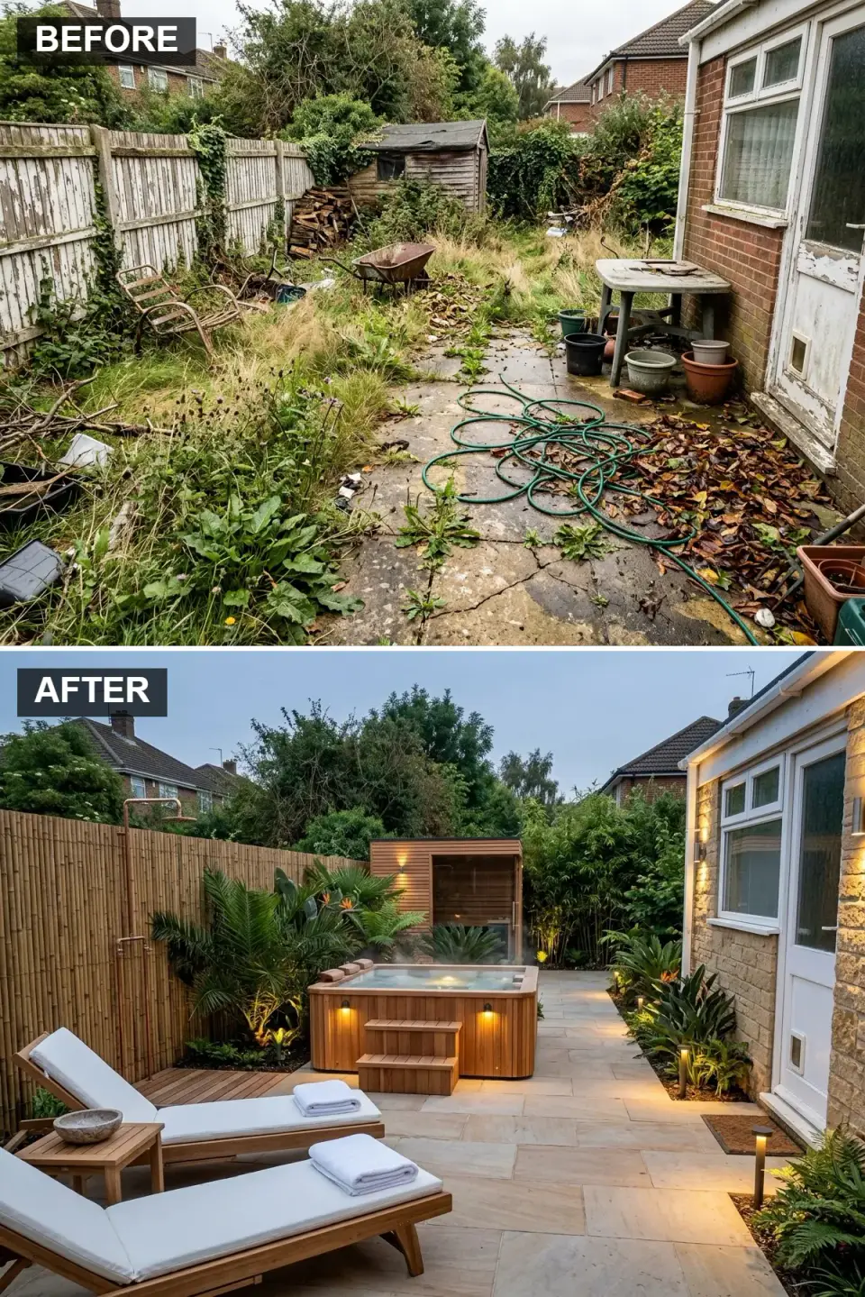 Boutique spa backyard with bamboo privacy fencing smooth sandstone paving cedar-clad hot tub matching corner sauna polished copper outdoor shower and tropical planting