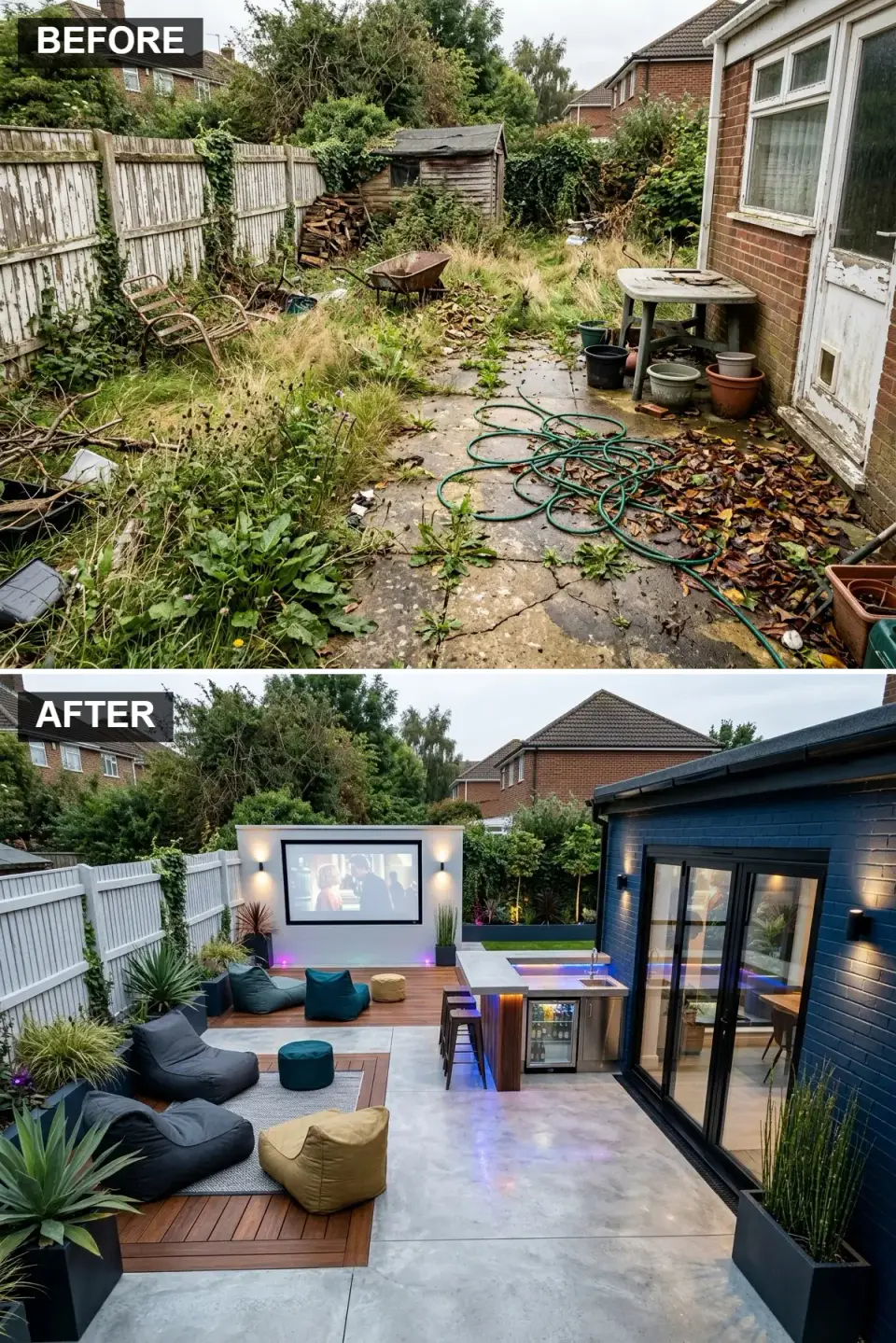 Sunken cinema backyard with polished concrete floor rich ipe wood decking white-rendered projector wall casual bean bag seating outdoor bar and deep navy house exterior