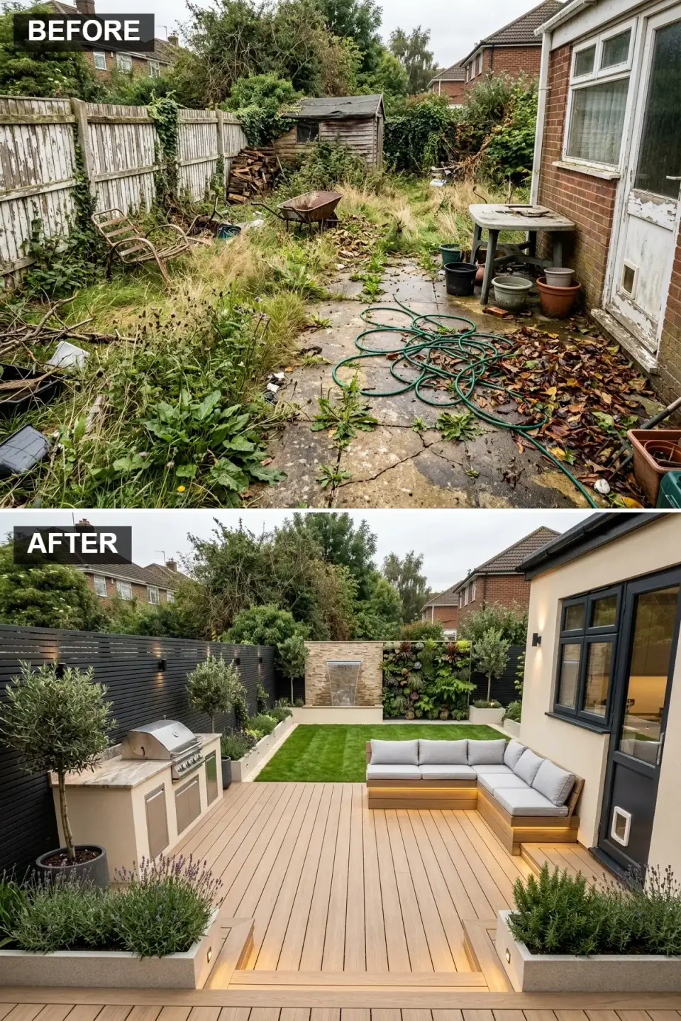 Split-level backyard with light oak composite decking cream stucco kitchen beige stacked stone water feature wall matte black perimeter fence built-in corner bench and artificial grass patch