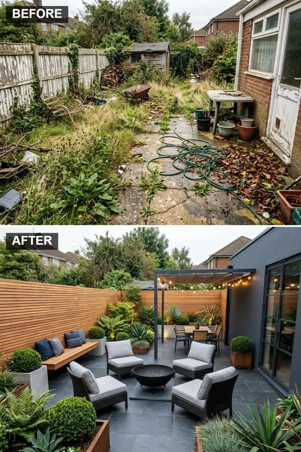 Architectural courtyard with large dark slate pavers warm horizontal timber fencing central fire bowl Corten steel planters modern rattan armchairs and sculptural boxwood and agave planting