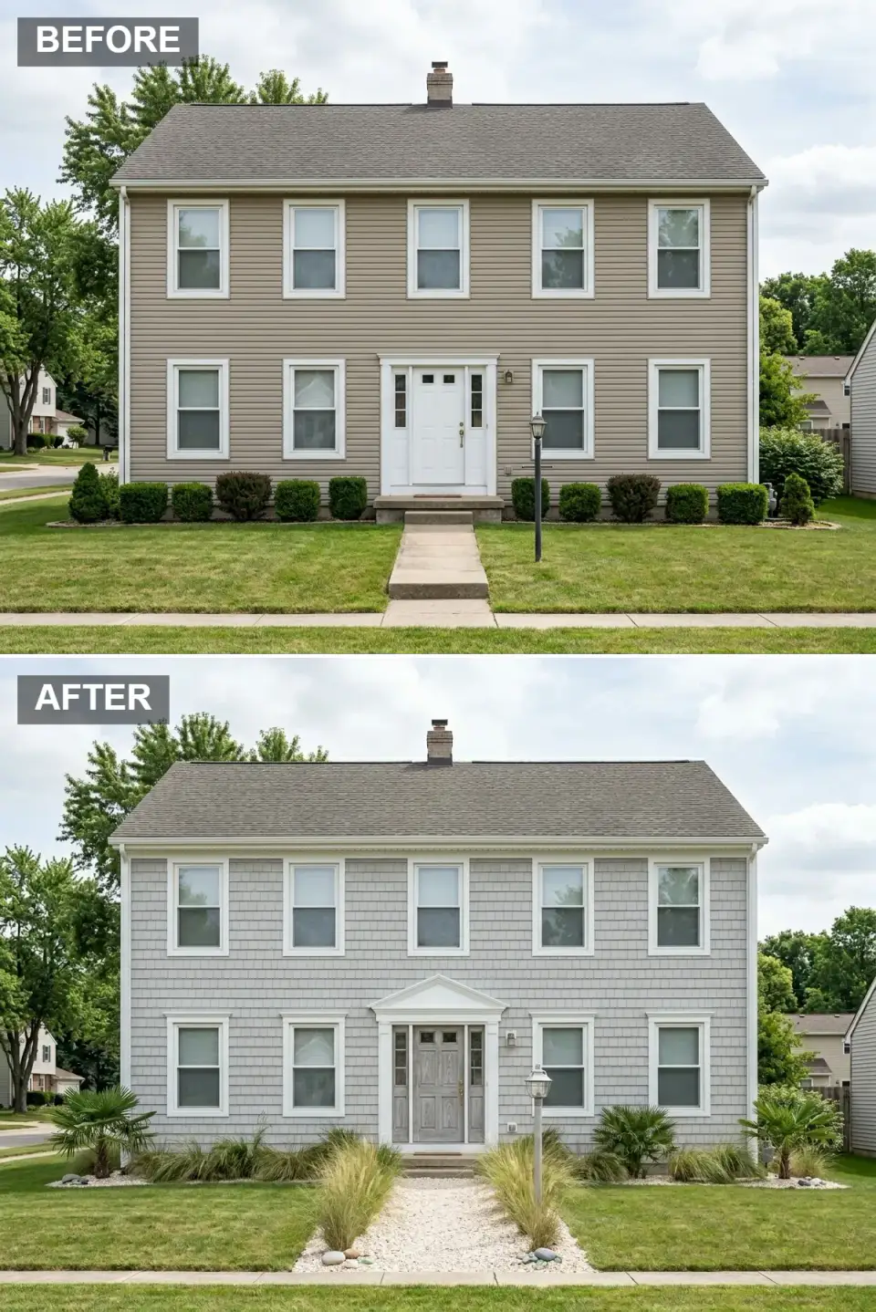 Coastal grandmother facade transformation soft grey cedar shake siding white trim natural wood Dutch door white shell gravel walkway dune grasses cold-hardy palms