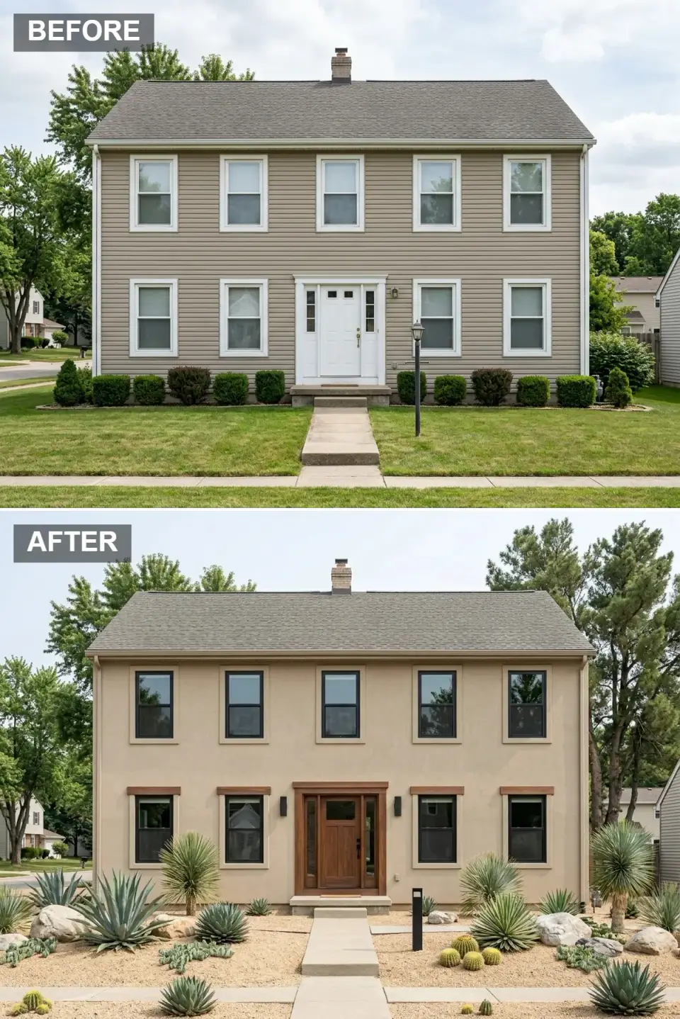 Southwestern desert modern facade transformation warm tan smooth stucco black framed windows chunky timber headers craftsman wood door xeriscaped front yard gravel boulders cacti agave yucca