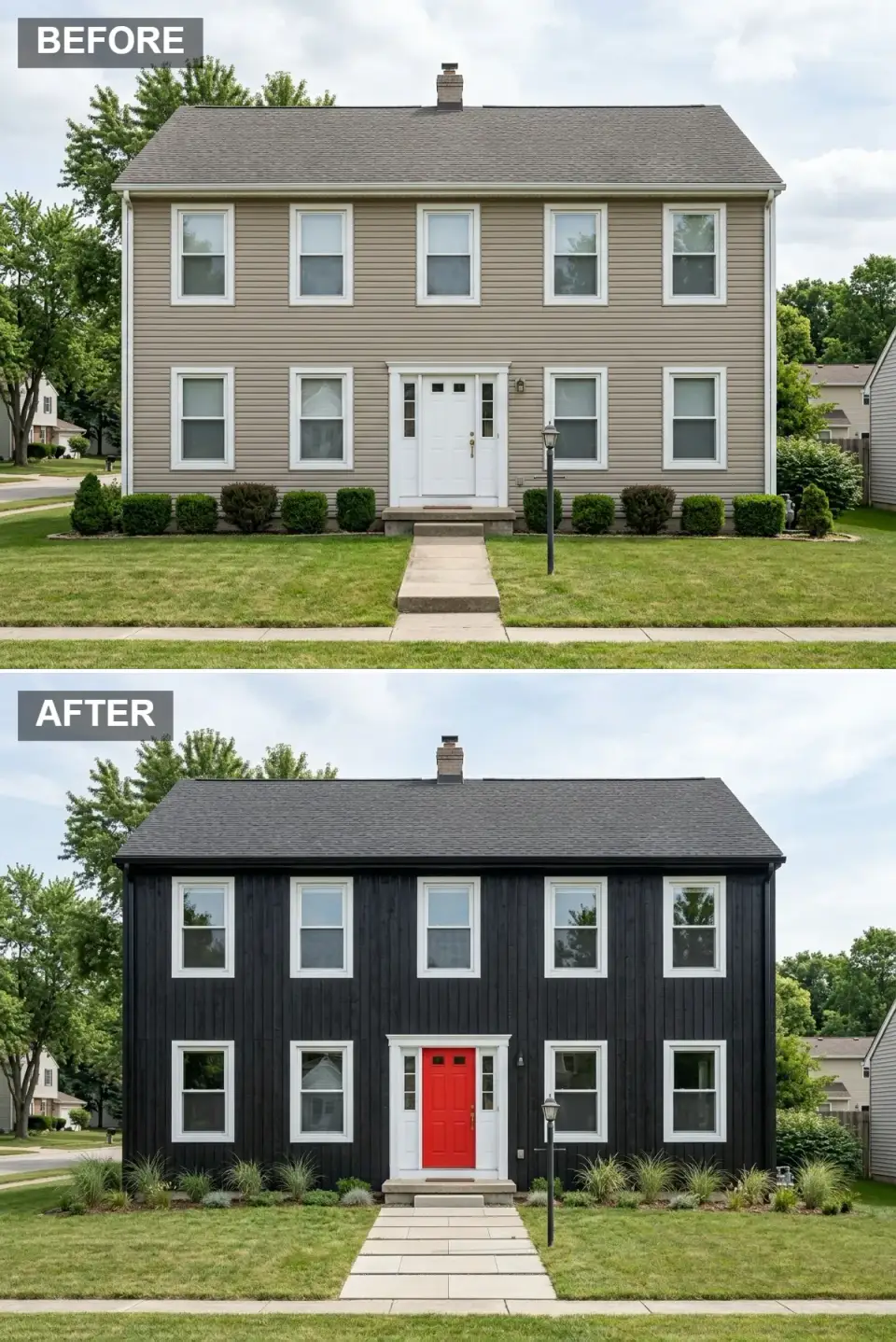 Bold graphic black farmhouse facade transformation black vertical board and batten siding white window trim vibrant cherry red front door large square concrete pavers in grass naturalistic ornamental grasses