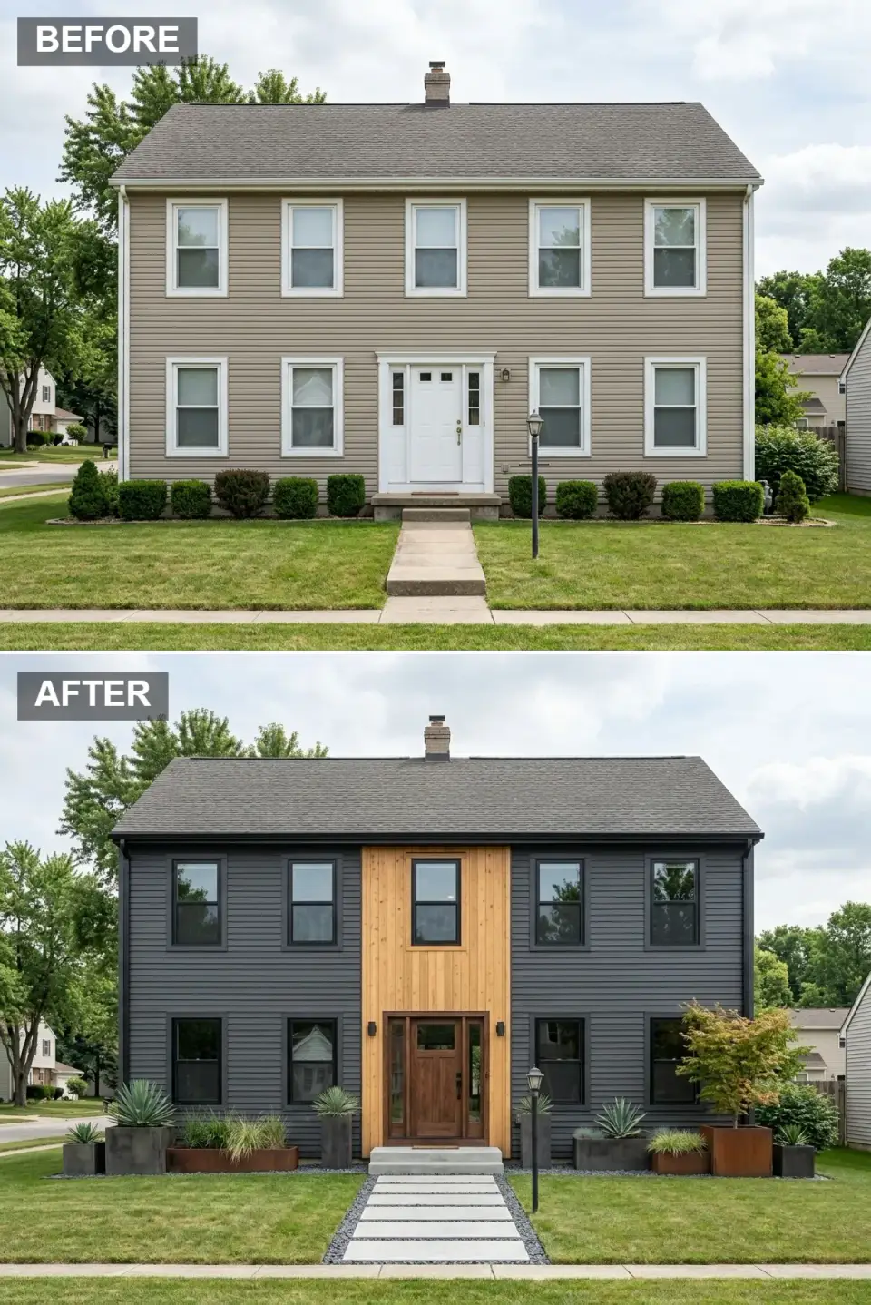 Contemporary mixed wood and dark siding facade transformation horizontal dark charcoal siding black window frames vertical natural wood entrance accent matching wood door sidelights large modern planters paver path with gravel joints