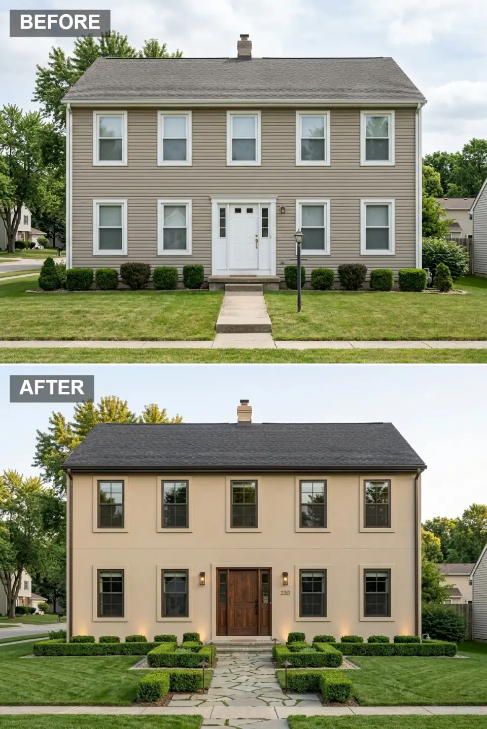 European-inspired stucco facade transformation warm tan smooth stucco bronze casement windows dark walnut double doors flagstone walkway boxwood parterre pathway lighting