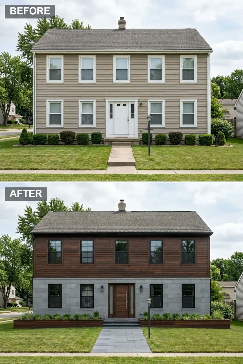 Modern industrial facade transformation horizontal dark espresso wood top half concrete grey panel bottom half black window frames slab wood door slate tile walkway built-in raised teak planters