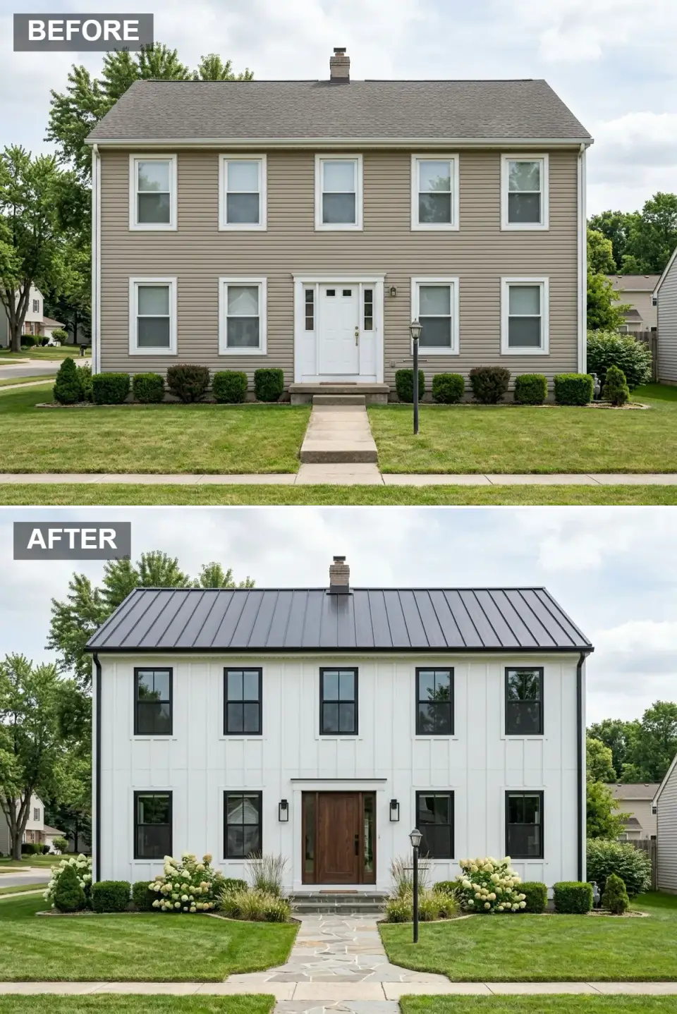 Crisp white modern farmhouse facade transformation pure white board and batten dark metal standing seam roof black window frames warm wood front door white hydrangea ornamental grass flagstone path