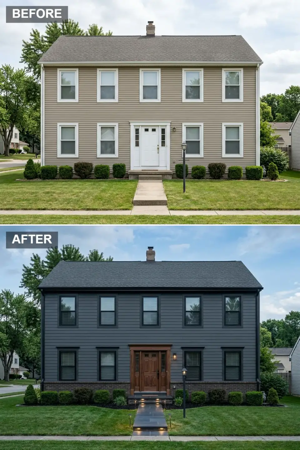 Moody dramatic craftsman facade transformation deep charcoal siding dark brown brick foundation rich stained wood door portico integrated step lighting slate walkway
