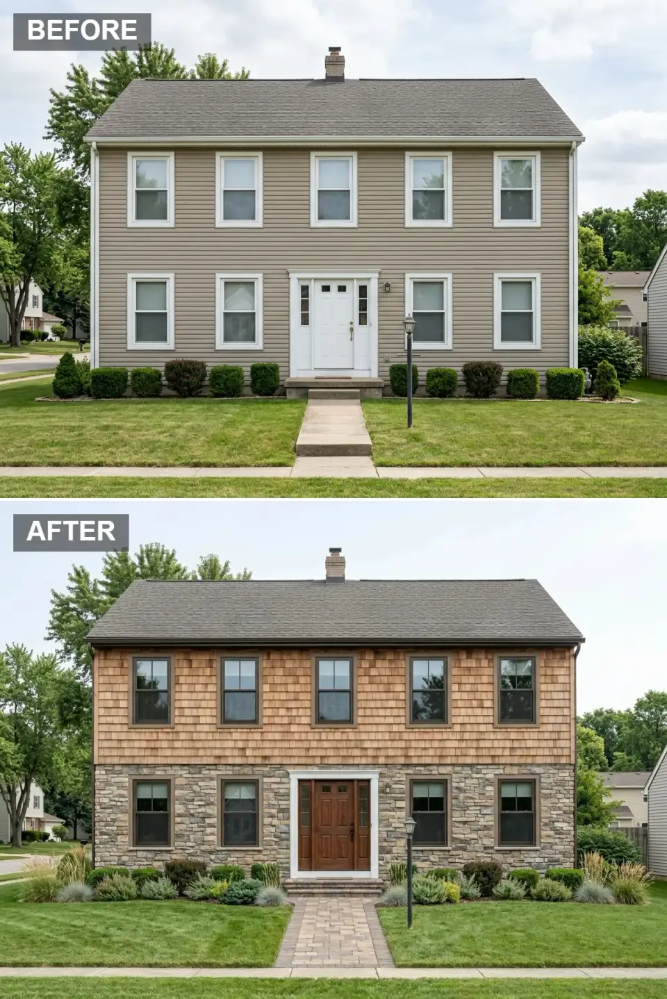 Rustic lodge facade transformation natural cedar shake upper half stacked stone veneer lower half dark brown trim craftsman wood door paver pathway varied textured plantings woodland setting