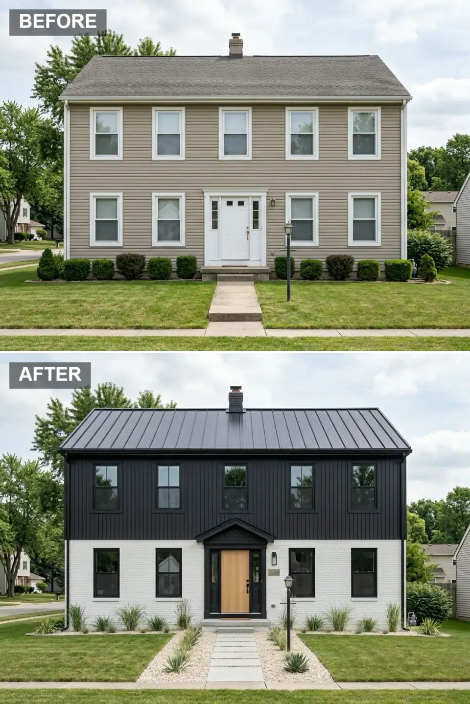 High-contrast modern Tudor facade transformation white painted brick lower half black vertical siding upper half black metal roof black window frames black gabled portico light wood door minimalist gravel and yucca landscaping