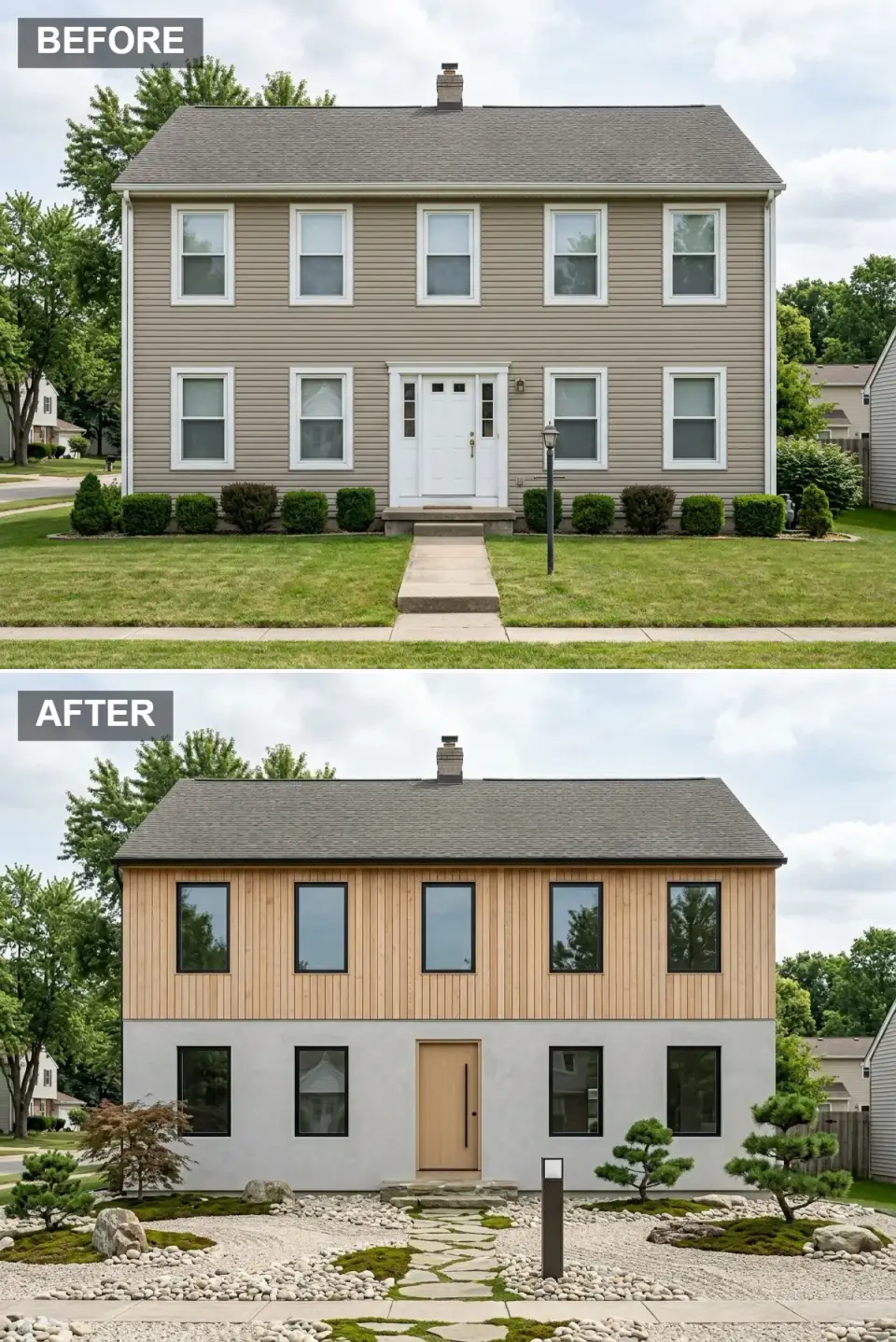 Minimalist Japandi facade transformation light ash vertical wood cladding upper half smooth concrete grey stucco lower half expansive black-framed windows minimalist slab door raked gravel zen garden river stones moss bonsai