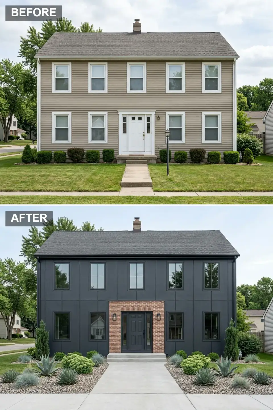 Modern dark board and batten facade transformation charcoal vertical siding red-brown brick veneer entrance accent black doors black exterior lighting sculptural agave architectural plantings