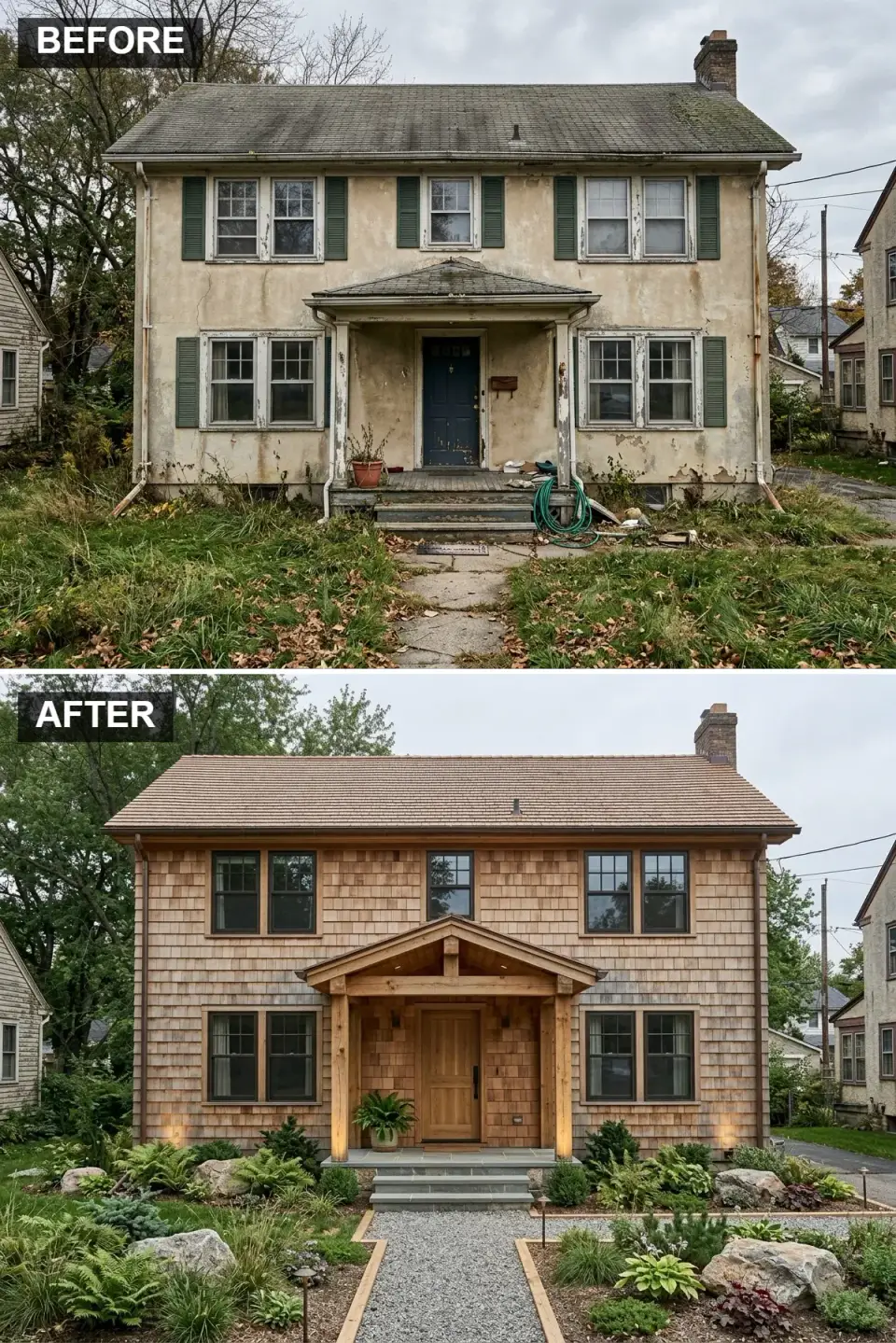 Cedar shingle exterior makeover with timber porch and black windows replacing peeling stucco on a Colonial Revival home