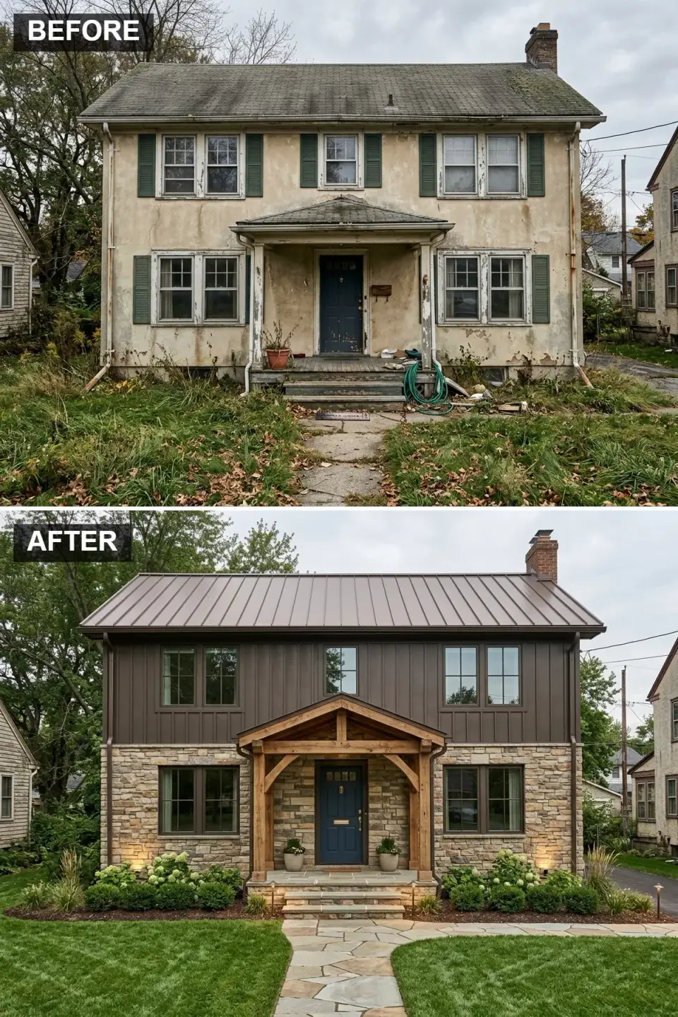 Rustic mountain lodge exterior with stacked stone first floor, dark brown board and batten second floor, bronze metal roof, and heavy timber truss entryway