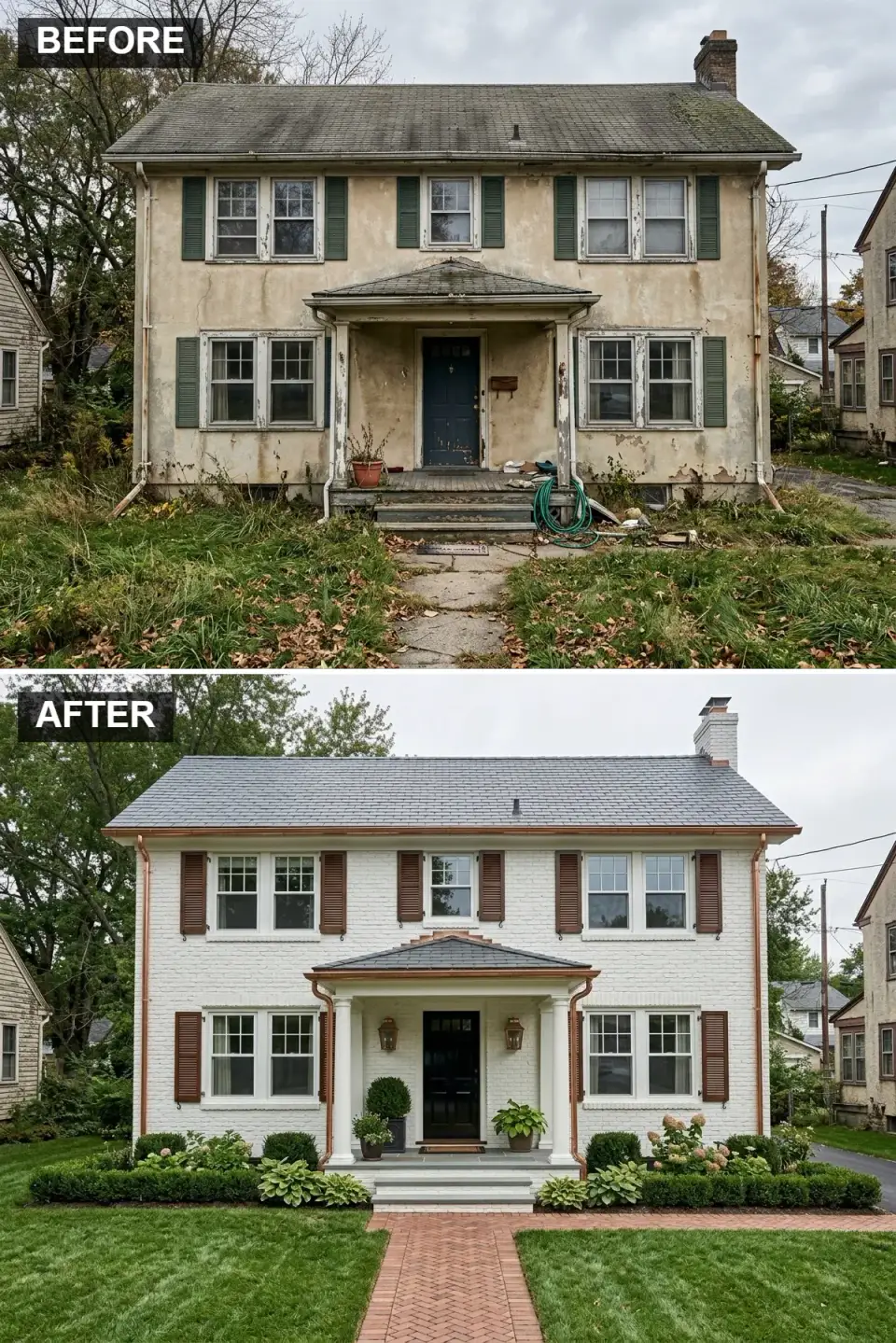 Painted white brick traditional home with dark brown shutters, black front door, copper gutters, and layered formal hydrangea landscaping