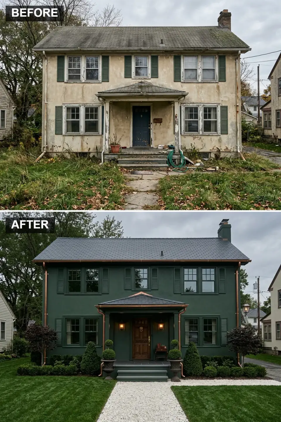 Dark forest green Colonial exterior with copper gutters, black shutters, and formal boxwood landscaping