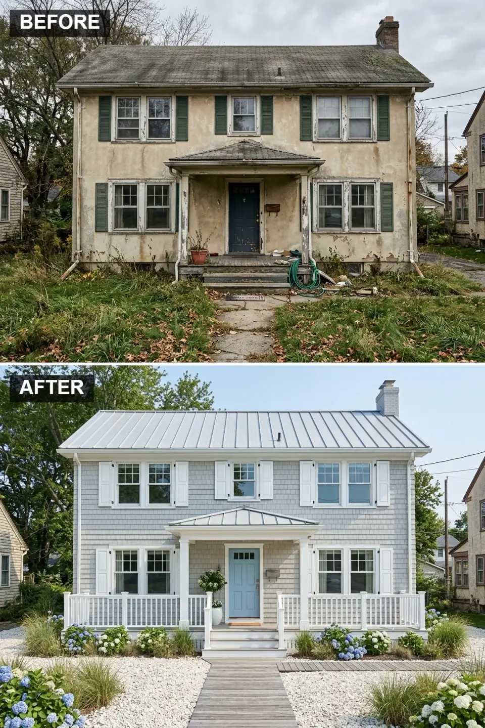 Coastal cottage exterior with pale grey shingles, white porch railing, blue front door, and metal standing seam roof