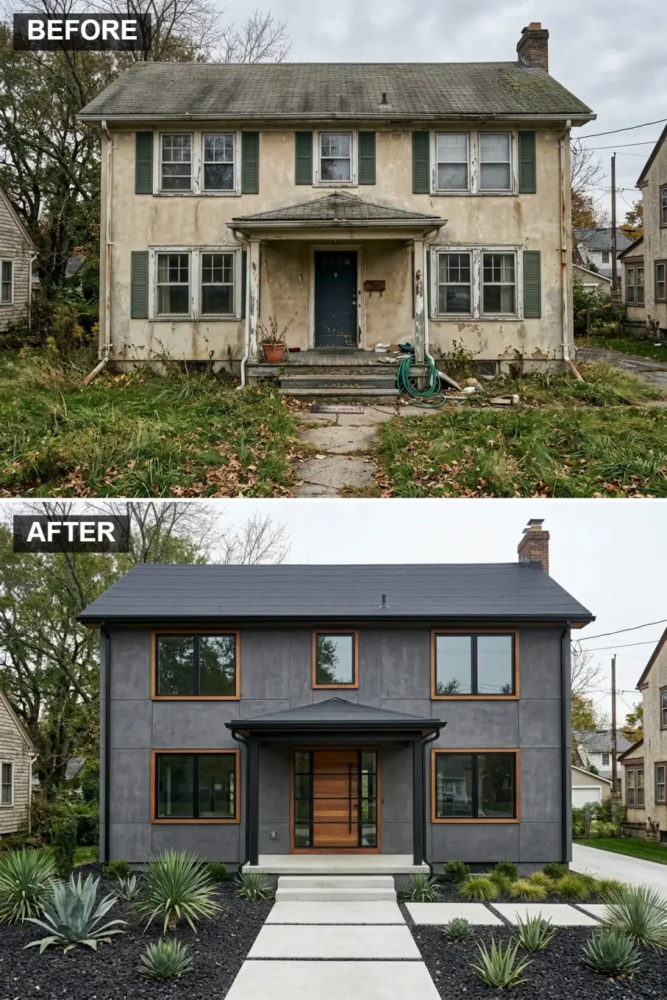 Modern industrial home facade with large-format concrete panels, black metal trim, wood entry door, and minimalist architectural landscaping