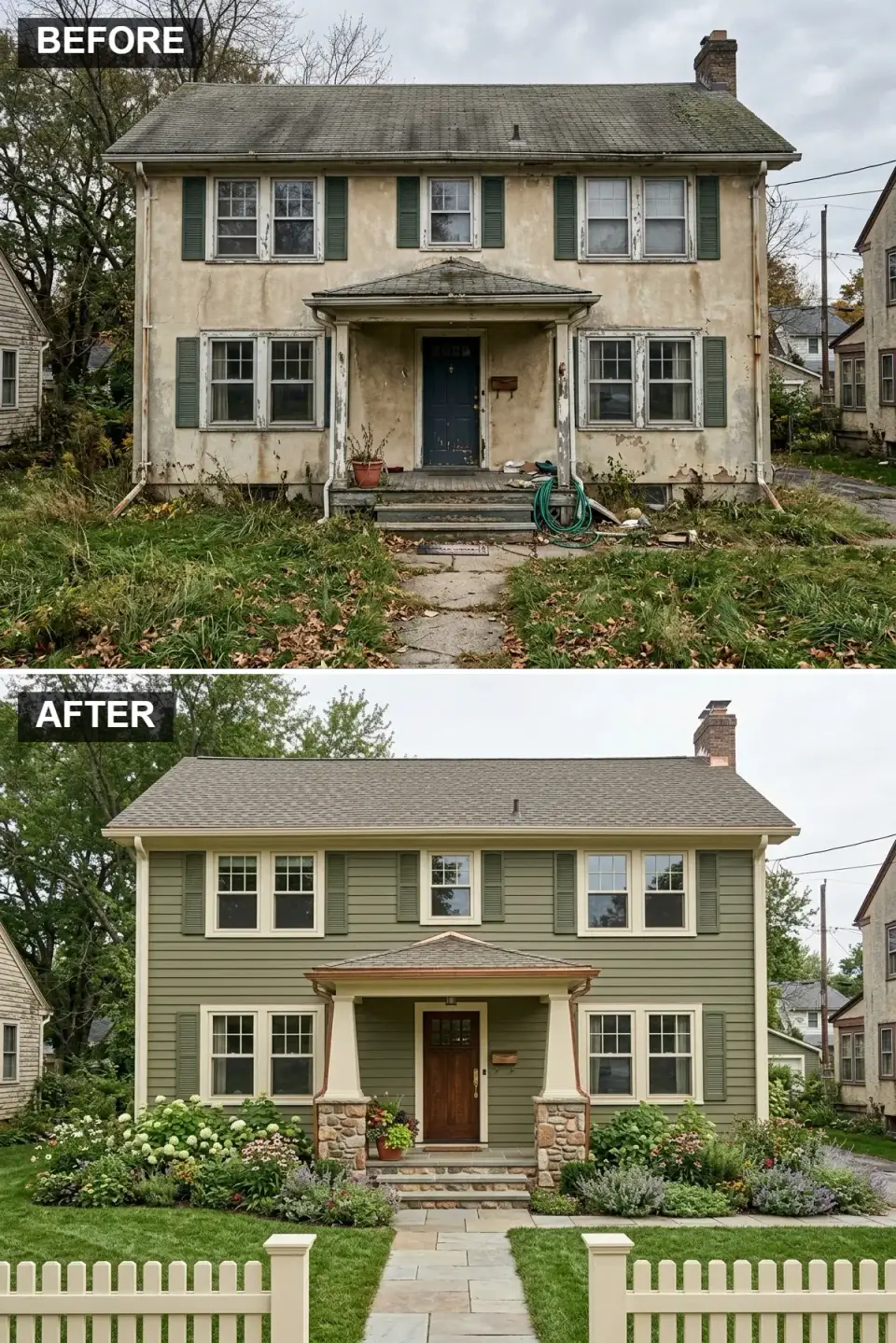 Sage green traditional exterior with stone veneer piers, white picket fence, Craftsman door, and cottage garden landscaping