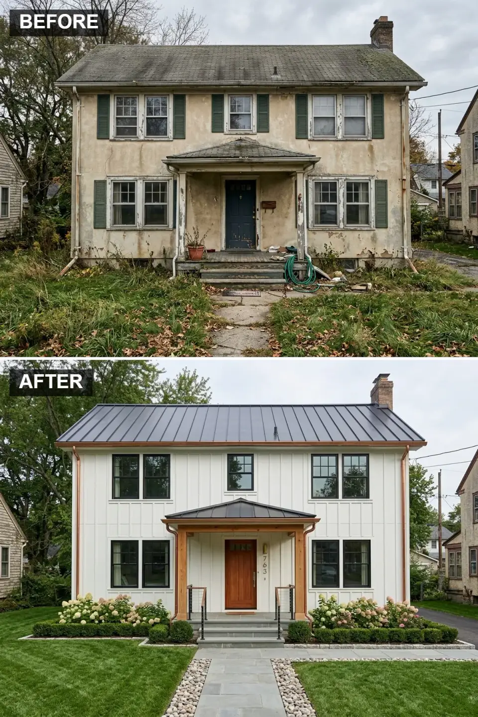 Modern farmhouse exterior with crisp white board and batten siding, black metal roof, black windows, and timber porch posts