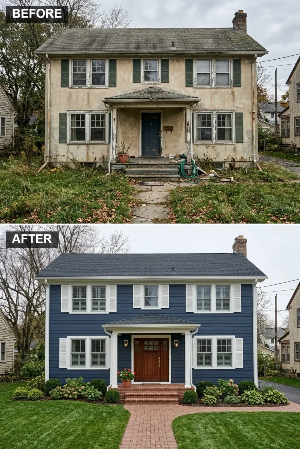 Navy blue Colonial house with white trim, louvered shutters, red brick path, and symmetrical boxwood landscaping