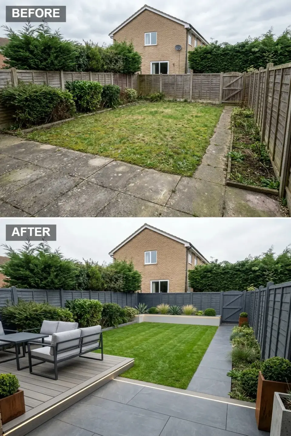Contemporary backyard transformation with charcoal grey fence panels, large-format grey porcelain pavers, composite decking lounge, white rendered raised planters with integrated LED strip lighting