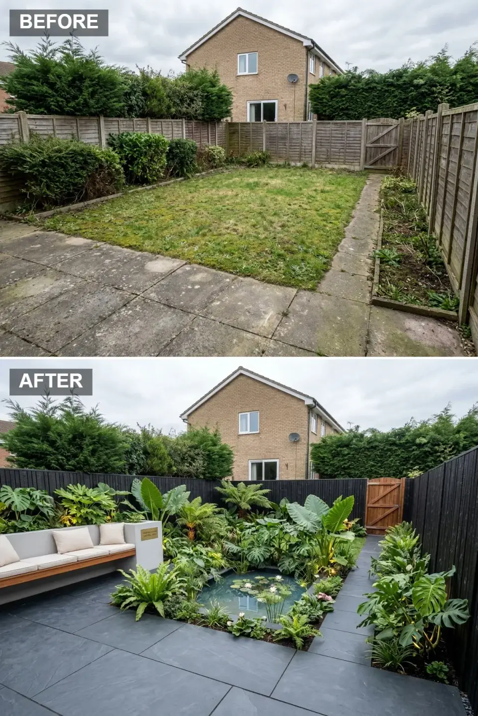 Lush jungle backyard transformation with black painted fencing disappearing behind dense planting, dark slate tile patio leading to central pond with water lilies, built-in concrete bench with warm timber seat, immersive large-leaf tropical foliage