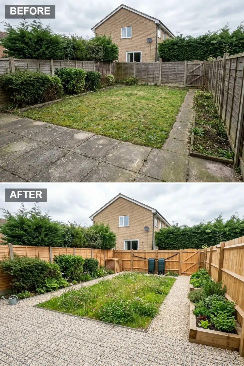 Sustainable backyard transformation with wildflower meadow turf replacing lawn, gravel paths stabilized with grids, raised cedar sleeper beds for vegetable growing, natural timber fencing, water butts and composter integrated into the design