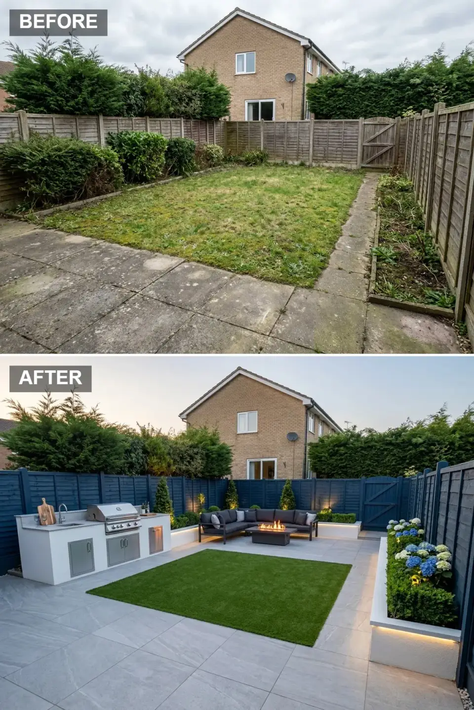 Outdoor entertainer backyard with custom built outdoor kitchen with white rendered walls and stone countertops, stainless appliances, large corner sectional sofa around fire pit on grey porcelain tiles, artificial grass framed by white rendered planters with blue hydrangeas