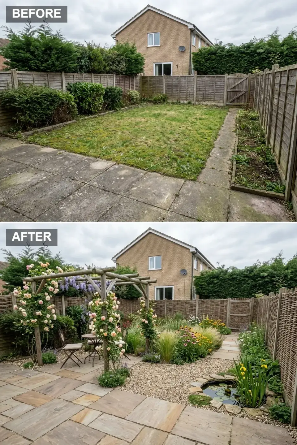 Cottage garden transformation with rustic woven willow hurdle fencing, varied sandstone paving, pea gravel paths, timber pergola draped in wisteria and roses, small pond and informal layered planting