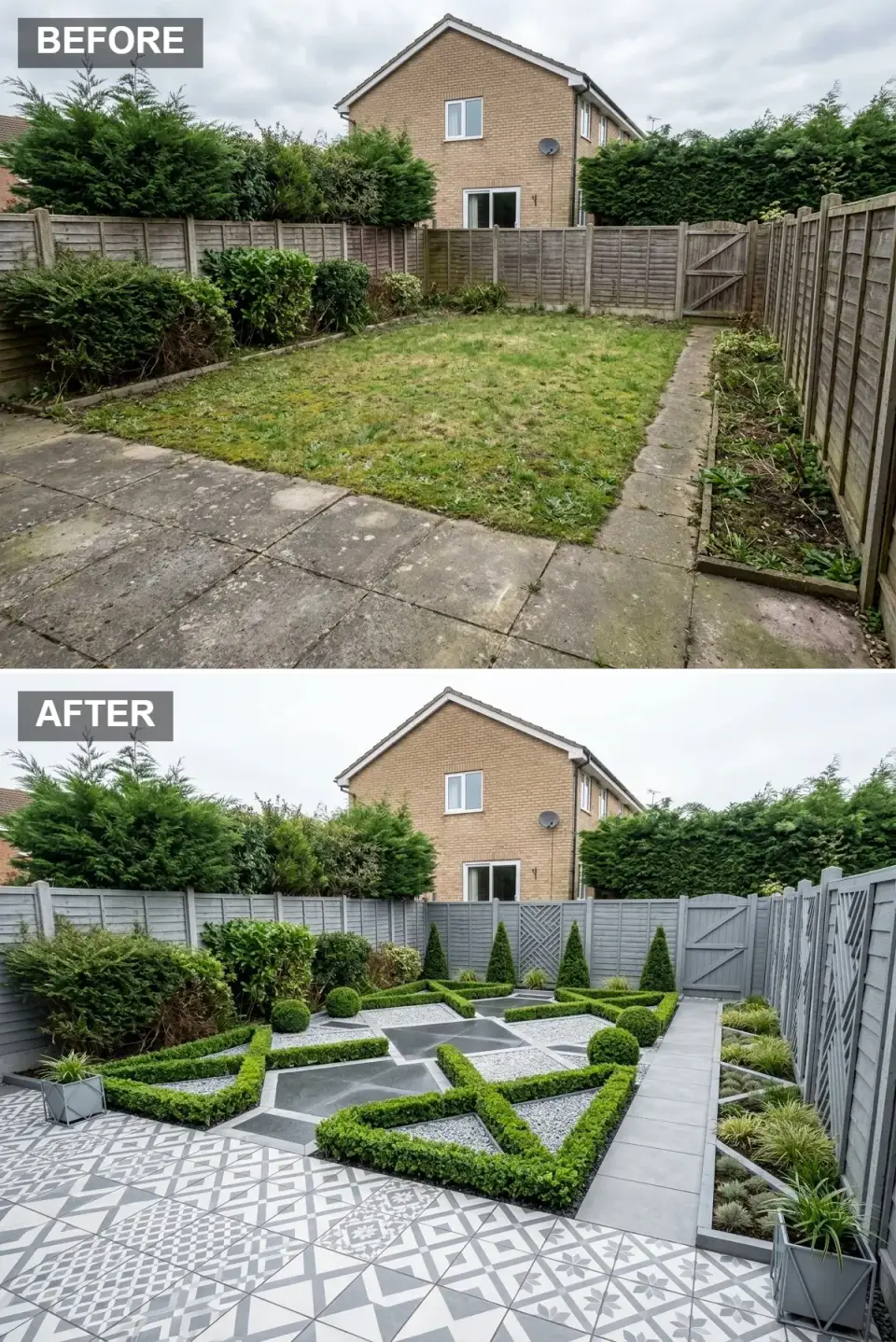 Modern formal parterre garden with patterned grey and white tile patio, manicured boxwood hedging in geometric shapes, light granite gravel infill, smooth grey paver pathways, conical topiary and trellis-topped fence
