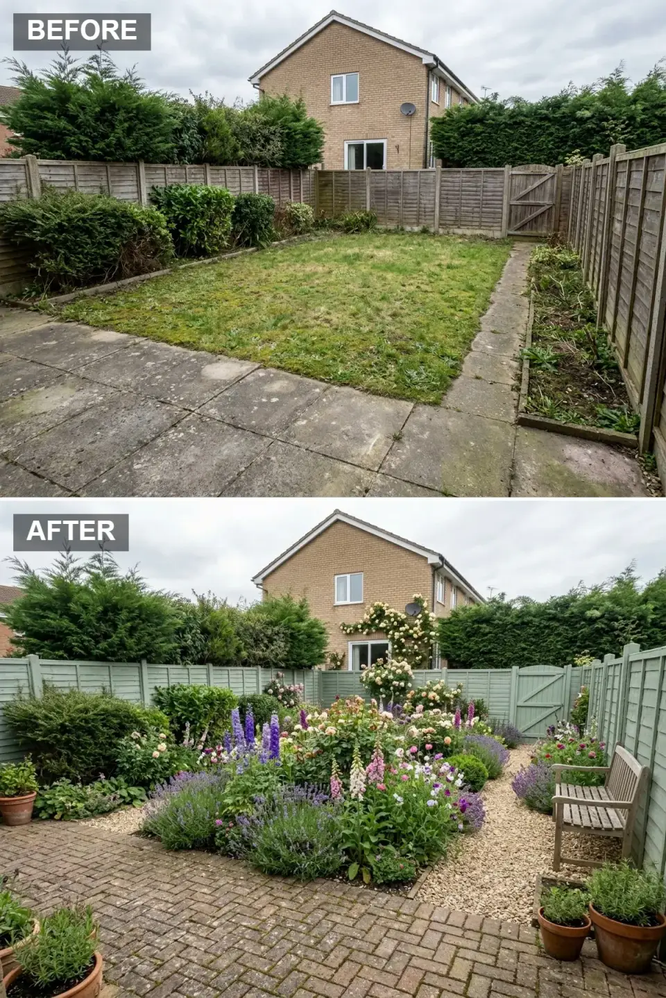 English country garden transformation with sage green painted fence, weathered brick herringbone patio, beige gravel path leading to aged oak garden bench, dense layered cottage planting with foxgloves, delphiniums, and roses