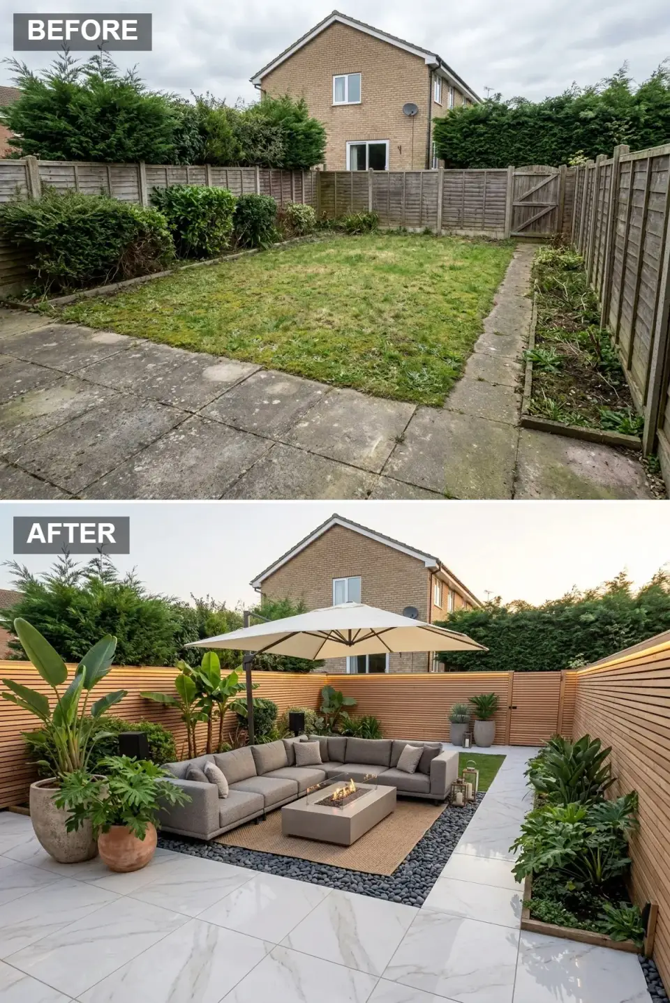 Tropical resort backyard transformation with horizontal slatted timber fence cladding, large-format white marble-effect porcelain tiles, modern grey sectional sofa, sleek concrete fire pit table, oversized terracotta pots with banana plants and birds of paradise