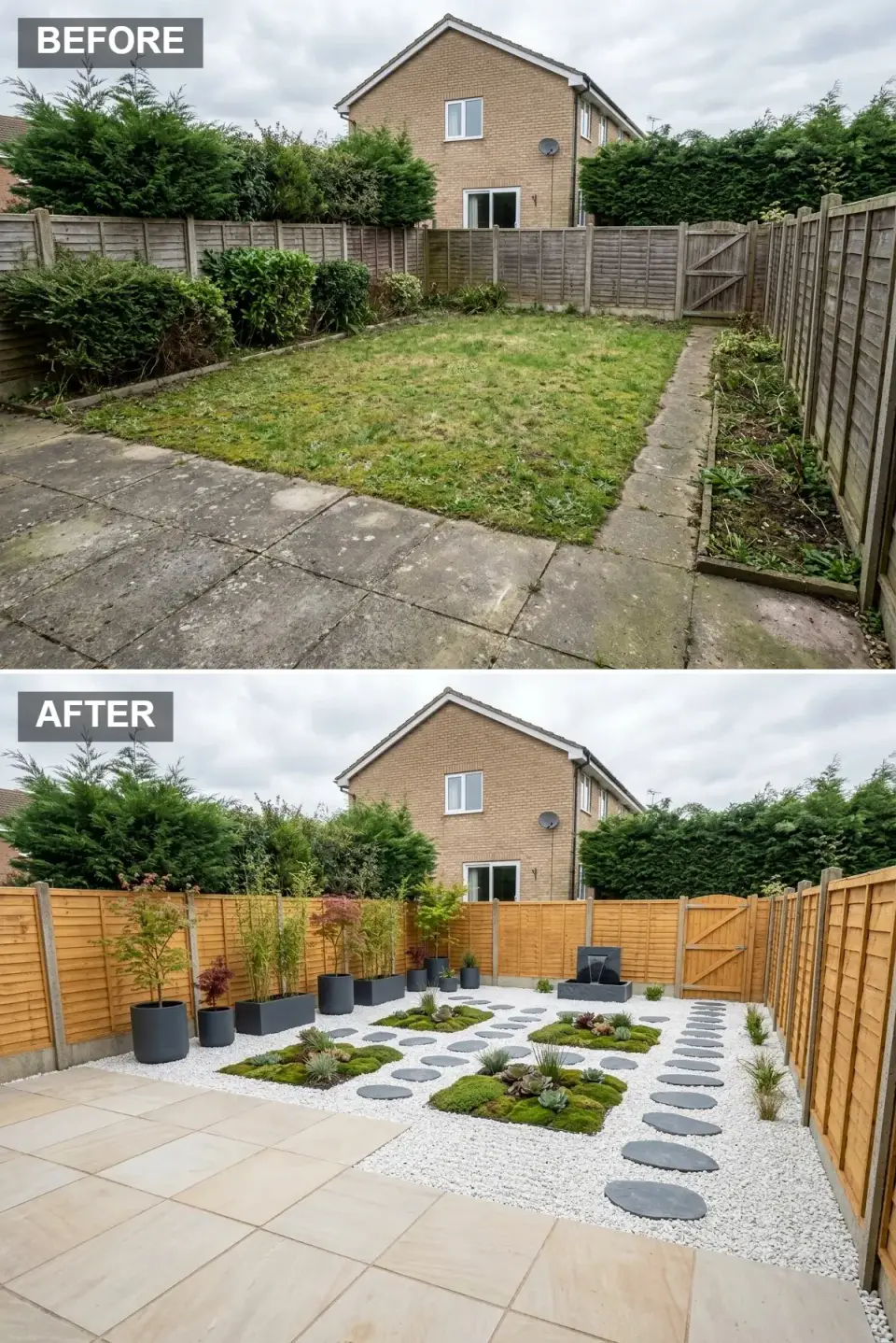 Japanese-inspired zen minimalist garden with white pebble ground cover, dark slate stepping stones, islands of green moss and succulents, warm timber fence backdrop, dark grey contemporary planters with bamboo and acers, minimalist water feature