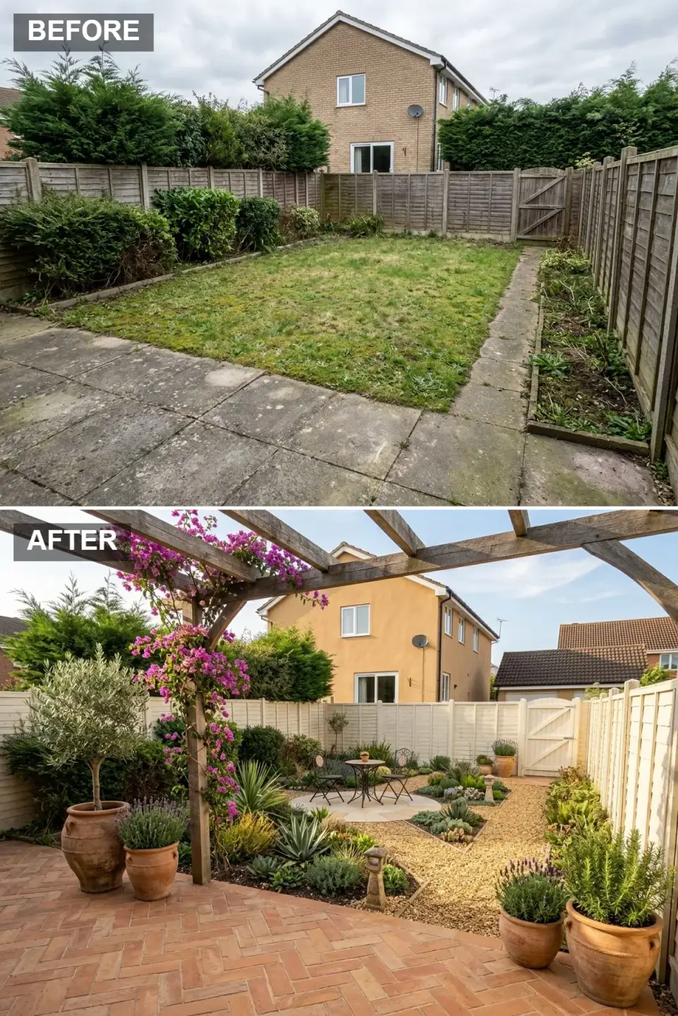Mediterranean backyard with terracotta brick herringbone patio, creamy off-white painted fence, weathered timber pergola covered in bougainvillea, gravel pathways, drought-tolerant planting in terracotta pots