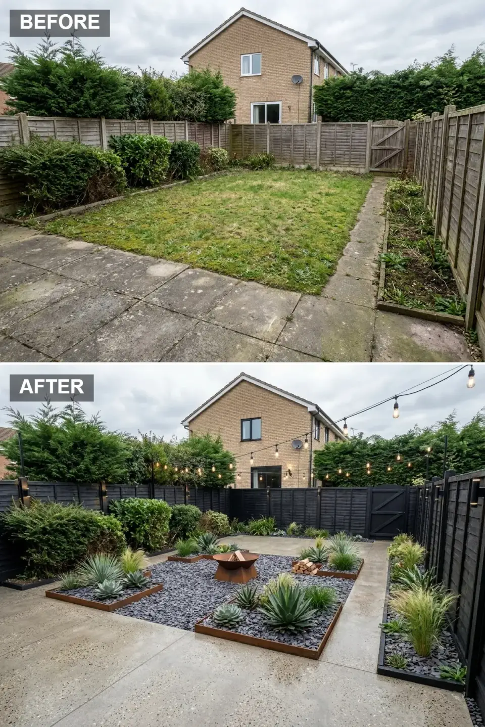 Industrial backyard transformation with matte black painted fencing, polished concrete patio flooring, dark slate chippings, rusted Corten steel raised beds and matching fire pit, overhead festoon string lighting