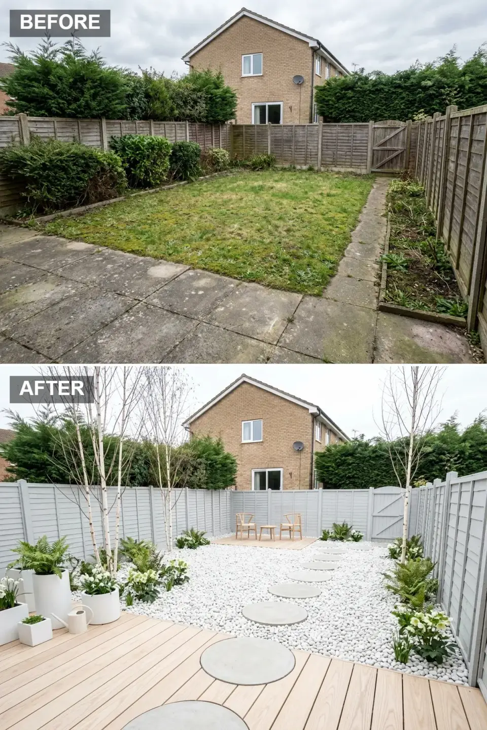 Scandinavian backyard transformation with pale cool grey painted fence, light oak decking platform with minimalist wooden furniture, large white pebble ground cover with smooth round concrete stepping stones, multi-stem silver birch trees in white planters
