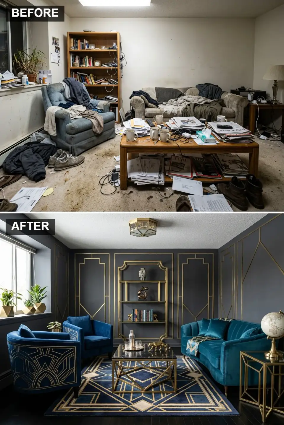 Art Deco Decadence Charleston living room transformation with Benjamin Moore Hale Navy walls, brushed gold geometric molding, curved teal velvet sofa, sapphire blue armchairs