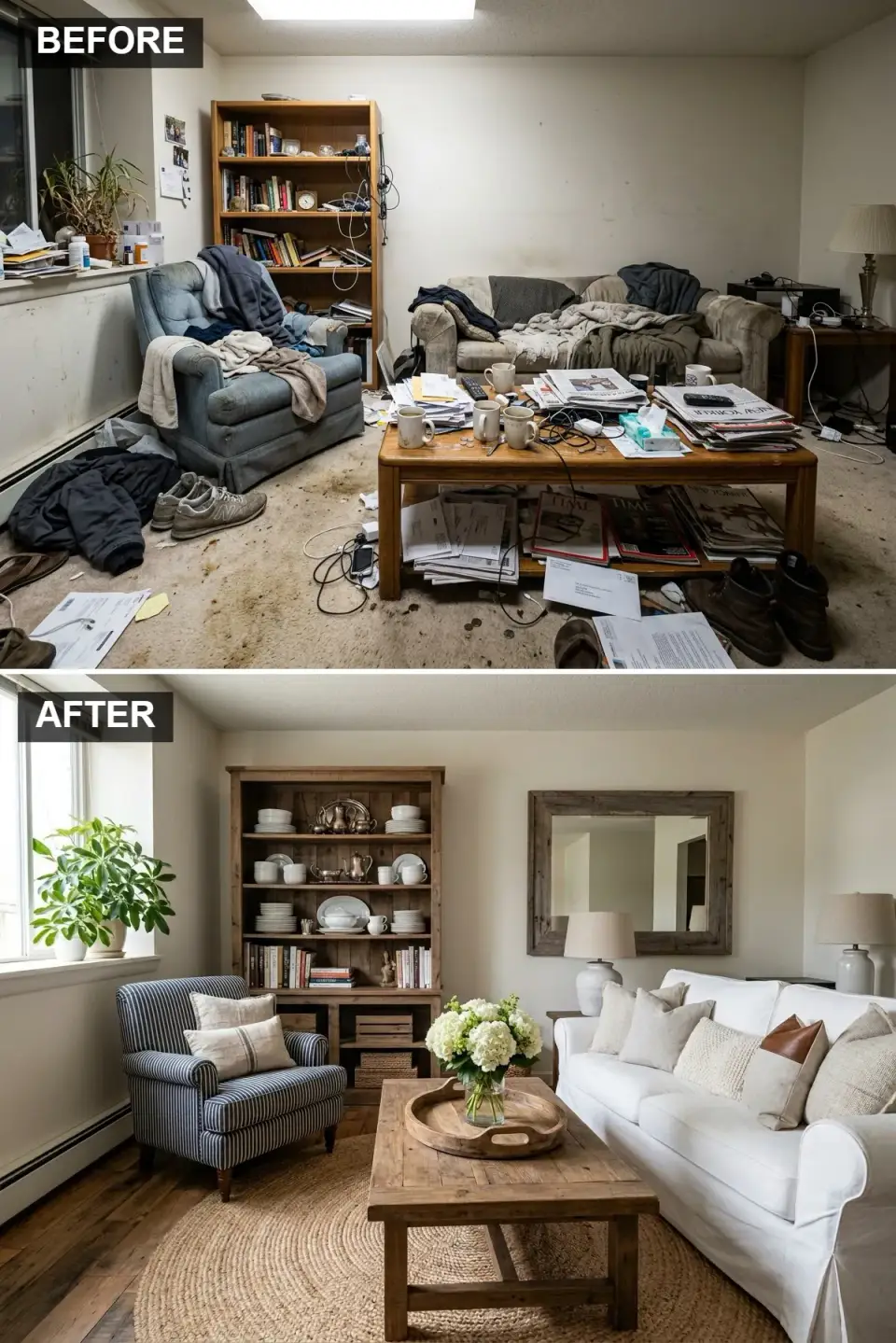 Modern Farmhouse Coastal living room with Benjamin Moore Swiss Coffee walls, reclaimed oak plank floor, Four Hands Abaso hutch, Pottery Barn York slipcovered sofa, blue and white striped James armchair, Lulu and Georgia Nissa jute round rug