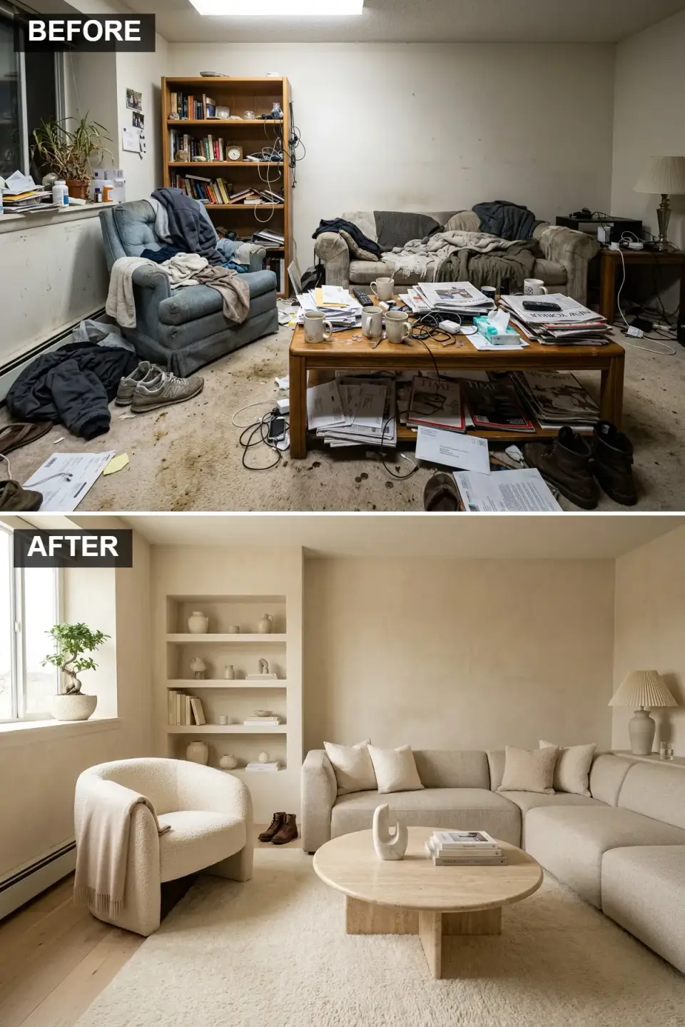 Wabi-Sabi living room with Portola Lime Wash Hacienda beige walls, custom plaster built-in shelving, RH Cloud Modular Greige sectional, Ligne Roset boucle chair, Roman travertine block coffee table, Morum textured rug
