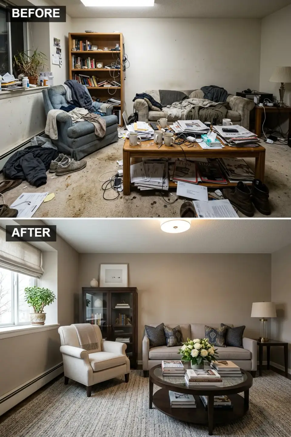 Classic Transitional living room with Benjamin Moore Edgecomb Gray walls, Taylor King Belvedere tailored beige sofa, Hickory Chair Ginsberg armchair, Baker Furniture dark walnut glass-door cabinet, Bunny Williams round glass coffee table, Hartmann and Forbes Roman shade