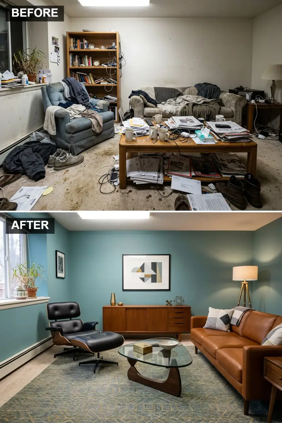 Mid-Century Modern living room with Farrow and Ball Vardo teal walls, authentic Eames lounge chair and ottoman, Room and Board Jasper cognac leather sofa, walnut credenza, Herman Miller Noguchi coffee table