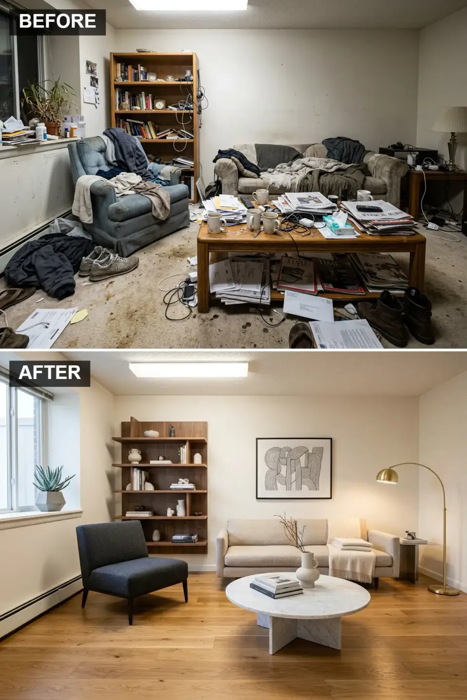 Scandinavian minimalist living room with Bjelin white oak flooring, Benjamin Moore Chantilly Lace walls, Muuto Connect Soft oatmeal sofa, HAY Can Carrara marble coffee table, String shelving