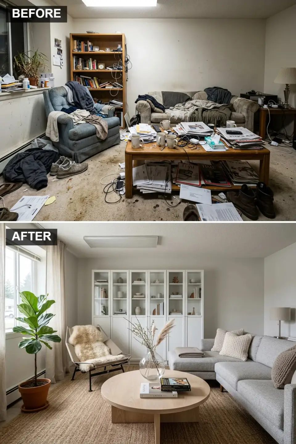 Organic Boho-Scandi living room with Schoolhouse custom built-in glass-door shelving, Article Timber sectional in Pearl Grey, Lulu and Georgia jute rug, Serena and Lily Brentwood leather sling chair