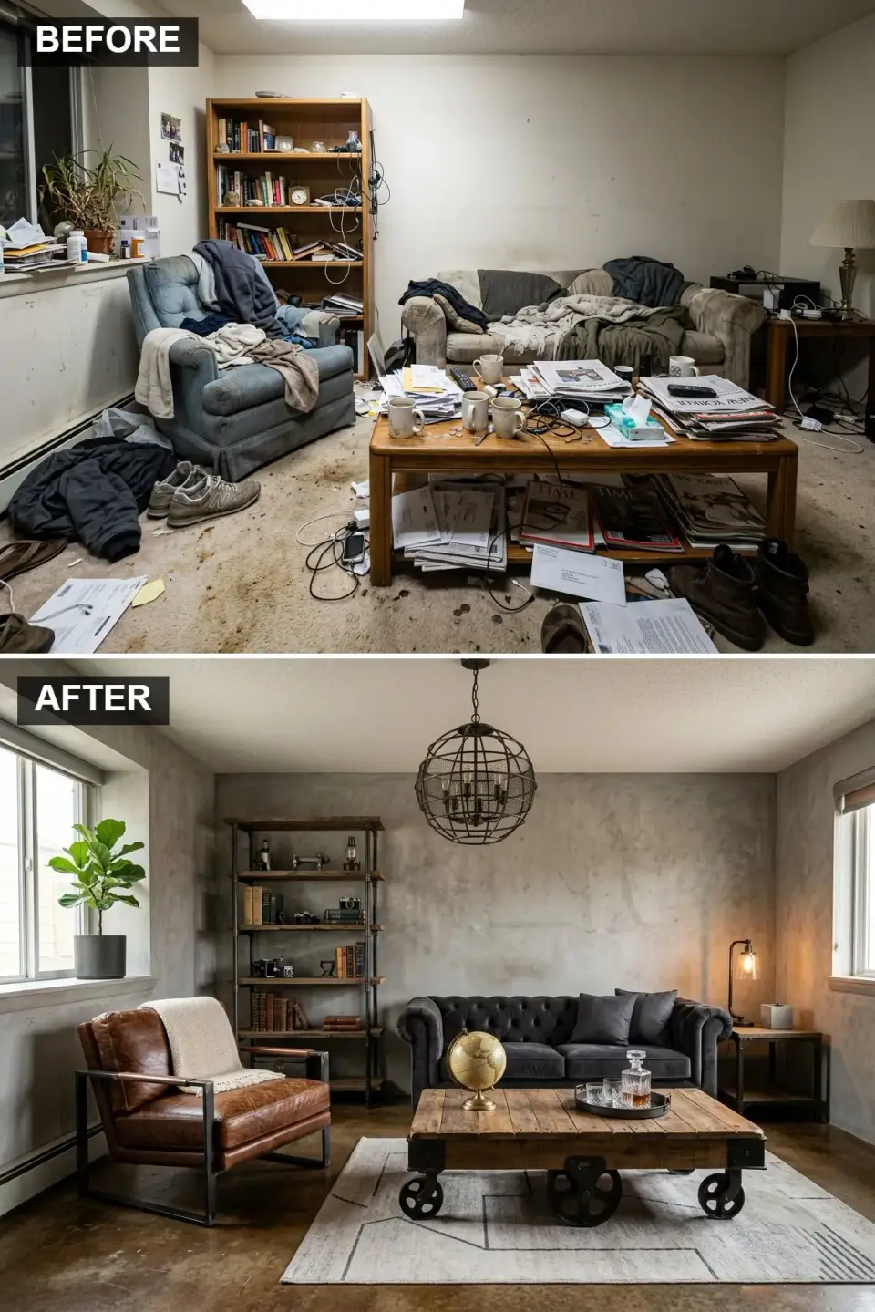Industrial loft living room with Modern Masters concrete skim walls, diamond-polished concrete floor, Restoration Hardware Pipe and Drape shelving, Lancaster Tufted Velvet charcoal sofa, distressed leather armchair