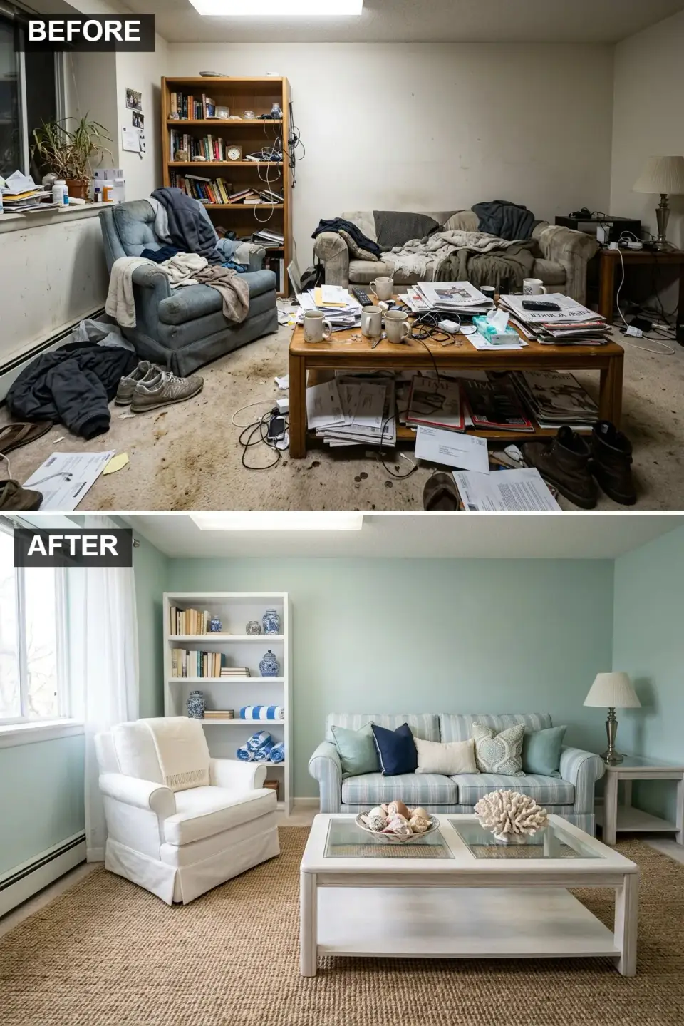Coastal Grandmother living room with Benjamin Moore Palladian Blue walls, Serena and Lily Beach Grove striped sofa, Pottery Barn slipcovered armchair, Dash and Albert herringbone jute rug, Oly Studio white bookshelf
