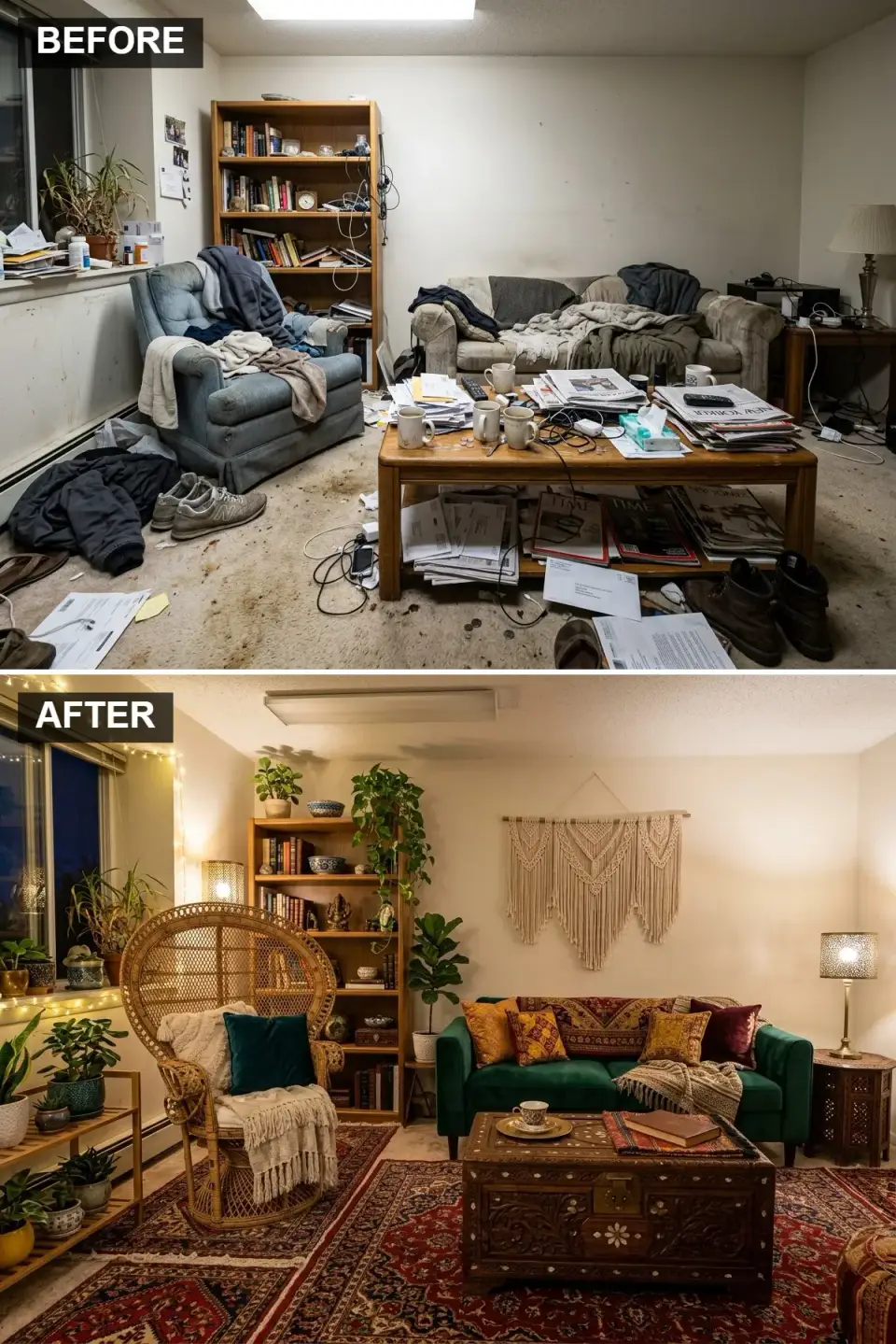 Eclectic Bohemian living room with Portola Lime Wash Adobe walls, vintage Emmanuelle peacock rattan chair, Anthropologie emerald velvet sofa, layered vintage Persian rugs, macrame wall hanging, warm ambient lighting