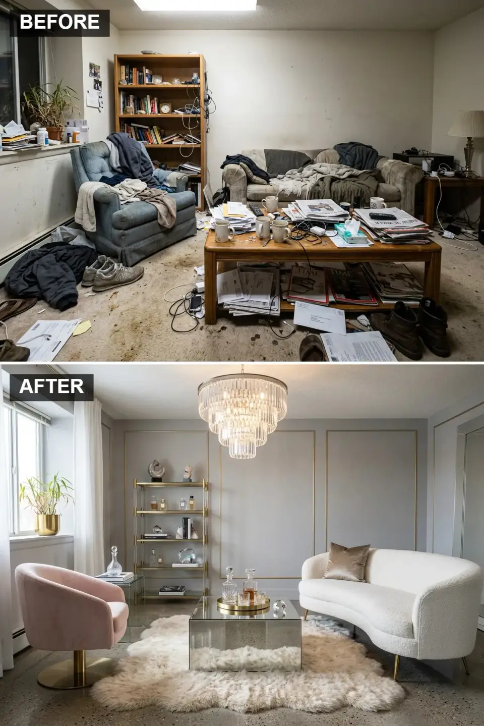 Soft Glamour living room with Benjamin Moore Paper White walls and gold picture frame molding, Restoration Hardware Cloud Modular boucle sofa, Arhaus Roze pink velvet swivel chair, Visual Comfort Astrid crystal chandelier, Bernhardt mirrored cube coffee table