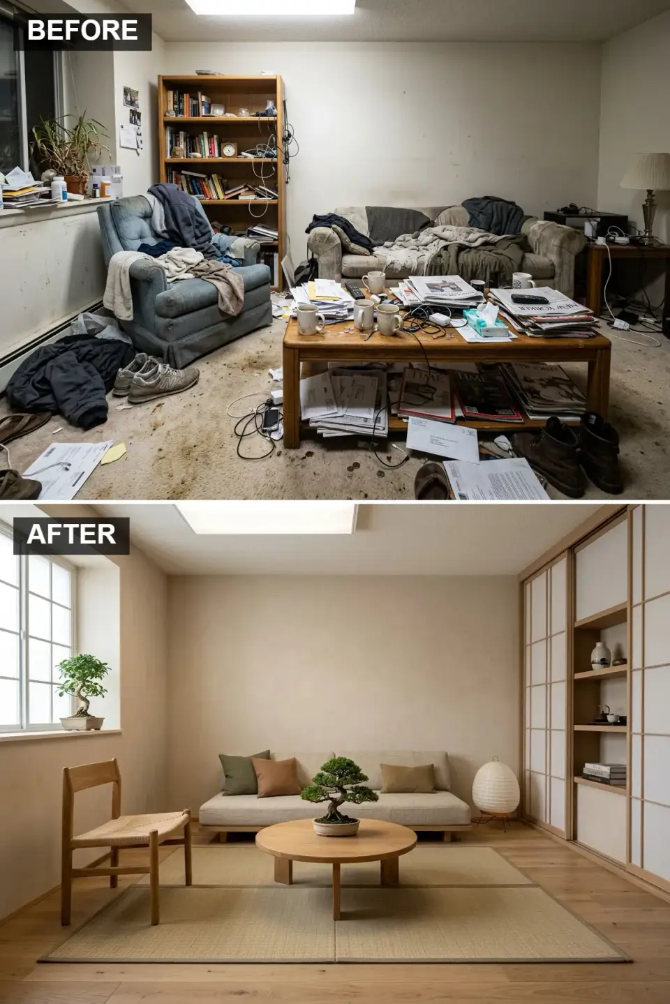 Japandi Zen living room with American Clay Loma Arcilla cream walls, white oak engineered floor, authentic Ikko tatami mats, Muuto Outline low sofa, Pinch Nim low chair, Shoji Factory authentic cedar frame sliding screens