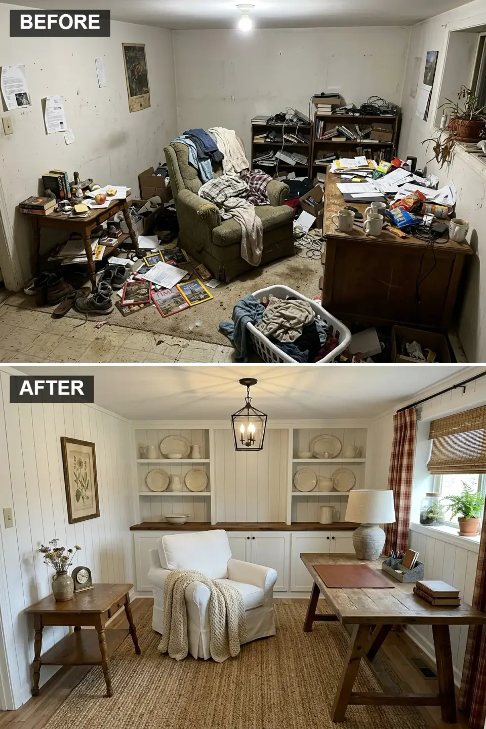 Charleston home office with white beadboard walls in Benjamin Moore Simply White OC-117, custom built-in bookshelves, rustic pine farmhouse desk, slipcovered armchair in Pottery Barn York, plaid linen drapery, and natural jute rug